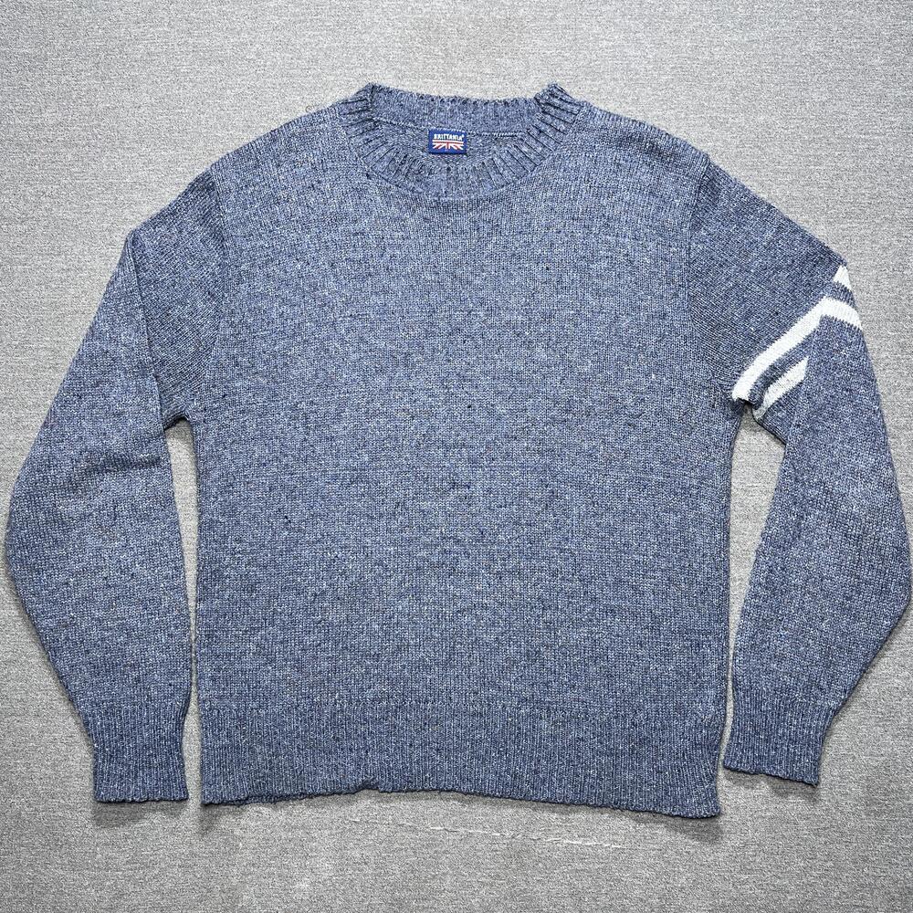 Vintage Brittania Sweater Womens XL Blue Wool Blend Crewneck Stripe USA 80s